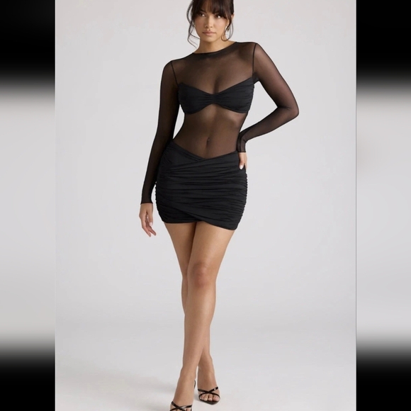 Oh Polly Essie Sheer Panelled Long Sleeve Mini Dress in Black Size 0 NWT! - Picture 4 of 10